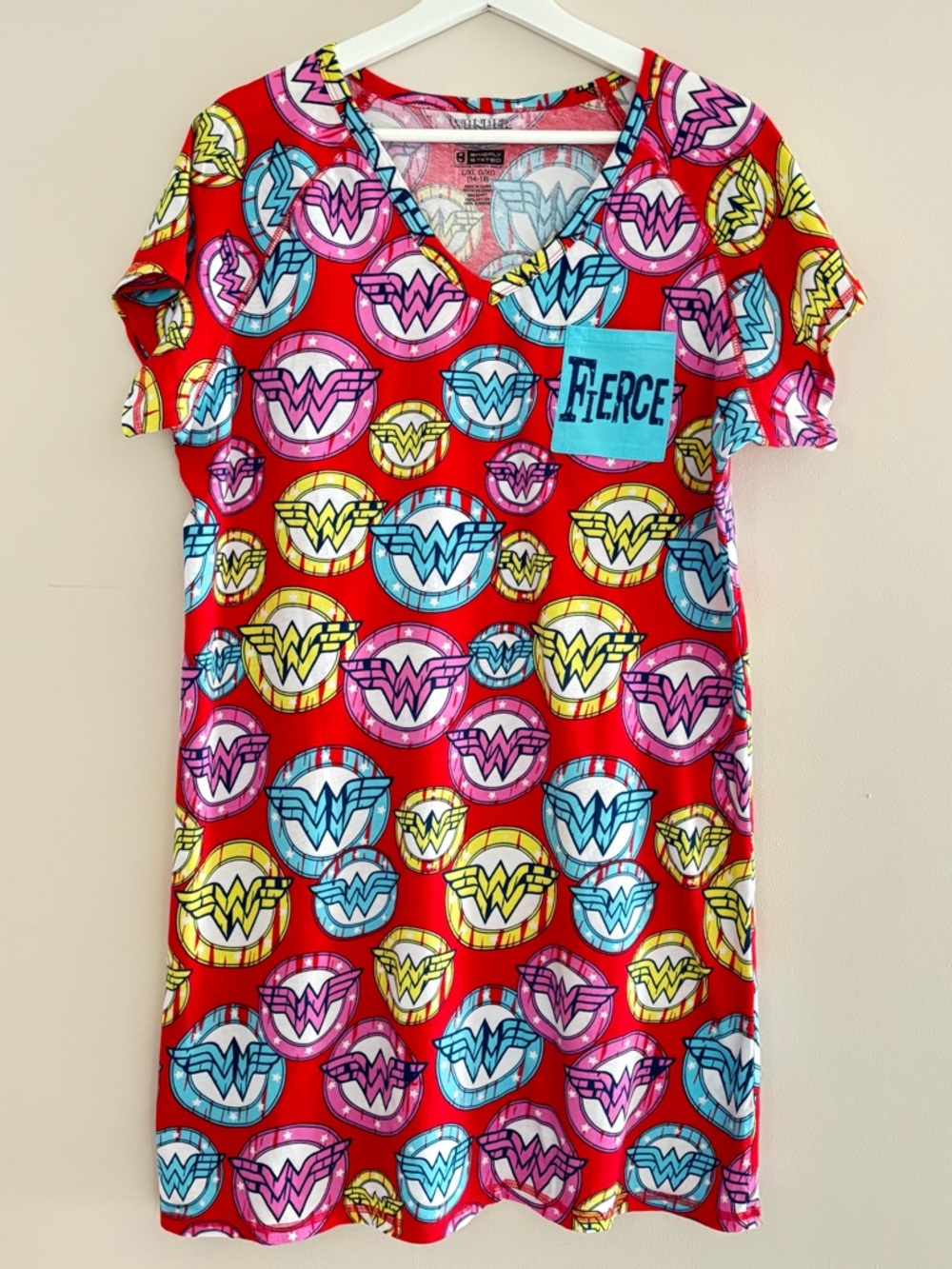 WONDER WOMAN Graphic V-Neck Short Sleeve Lounge/House Dress L/XL Red 100% Cotton